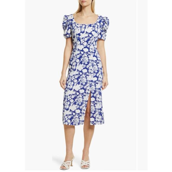 Sam Edelman Dresses & Skirts - NWT Sam Edelman Size 12 Blue White Cottage Floral Puff Sleeve Sheath Midi Dress